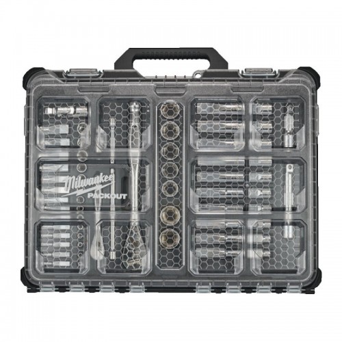 Набор головок торцевых хромированных метрических ½” + ¼”  PACKOUT™ MILWAUKEE, с воротком (63шт)