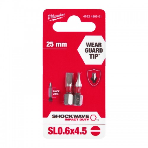 Бита SHOCKWAVE MILWAUKEE, SL0,6x4,5, 25мм, (2шт)