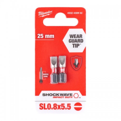 Бита SHOCKWAVE MILWAUKEE, SL0,8x5,5, 25мм, (2шт)