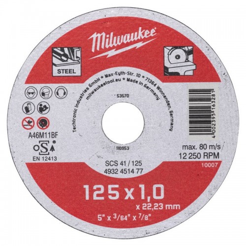 Диск отрезной по металлу MILWAUKEE, SCS 41/125х1, Ø125мм