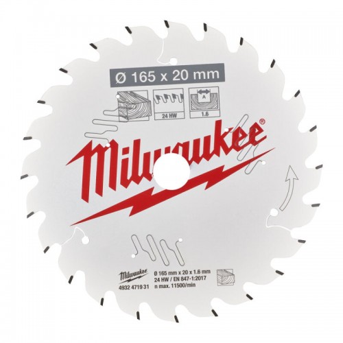 Диск пильный по дереву PFTE THIN KERF MILWAUKEE, Ø165х20х1,6мм, 24 зуб.