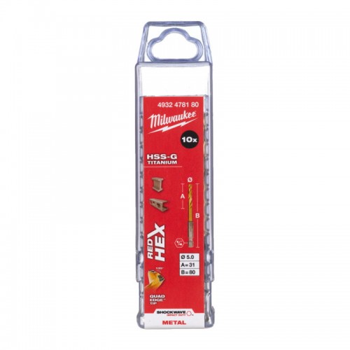Сверло по металлу RedHEX SHOCKWAVE™ HSS-TiN MILWAUKEE, Ø5,0х80х31мм, (10шт)