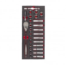 Ложемент с головками хромированными и трещоткой 1/2˝ (28шт) MILWAUKEE (45х178,5х417мм) для тележек