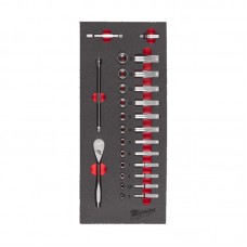 Ложемент с головками хромированными и трещоткой 1/4˝ (28шт) MILWAUKEE (45х178,5х417мм) для тележек