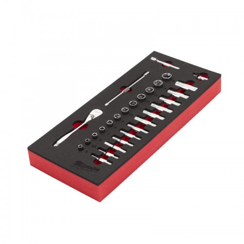 Ложемент с головками хромированными и трещоткой 1/4˝ (28шт) MILWAUKEE (45х178,5х417мм) для тележек