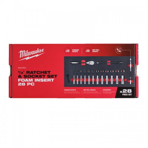 Ложемент с головками хромированными и трещоткой 1/4˝ (28шт) MILWAUKEE (45х178,5х417мм) для тележек