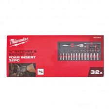 Ложемент с головками хромированными и трещоткой 3/8˝ (28шт) MILWAUKEE (45х178,5х417мм) для тележек