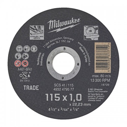 Диск отрезной по металлу MILWAUKEE Trade, SCS 41/115х1, Ø115мм